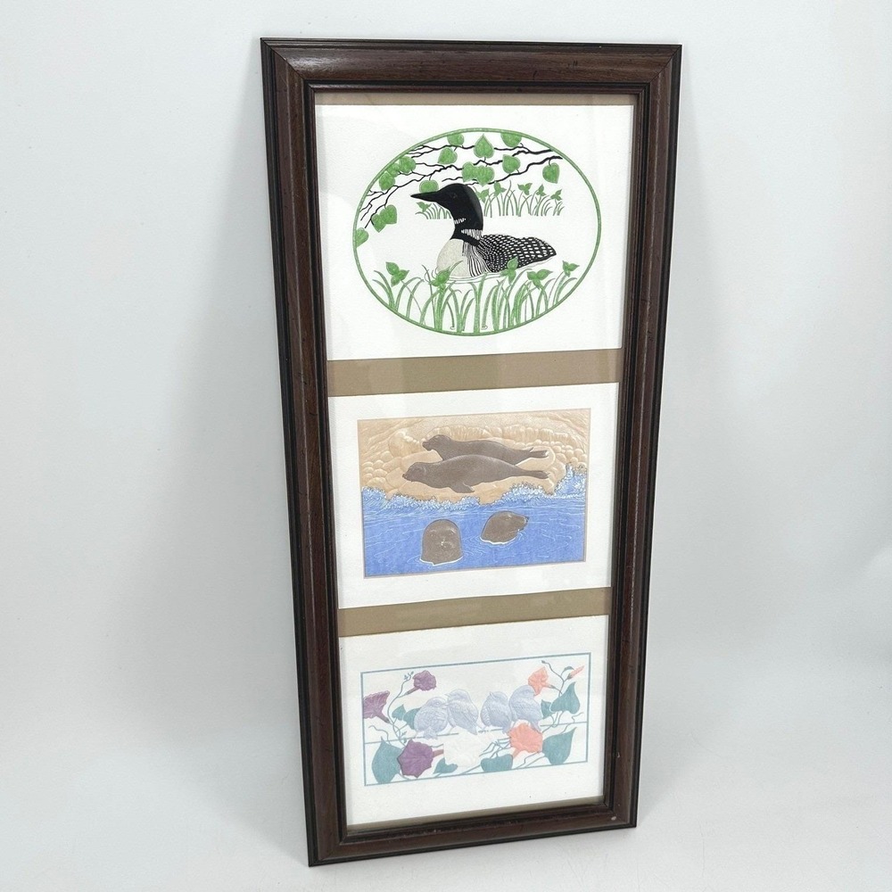Framed Nature Triptych Wall Art Loon Goose Seals Birds Wood Frame Wildlife